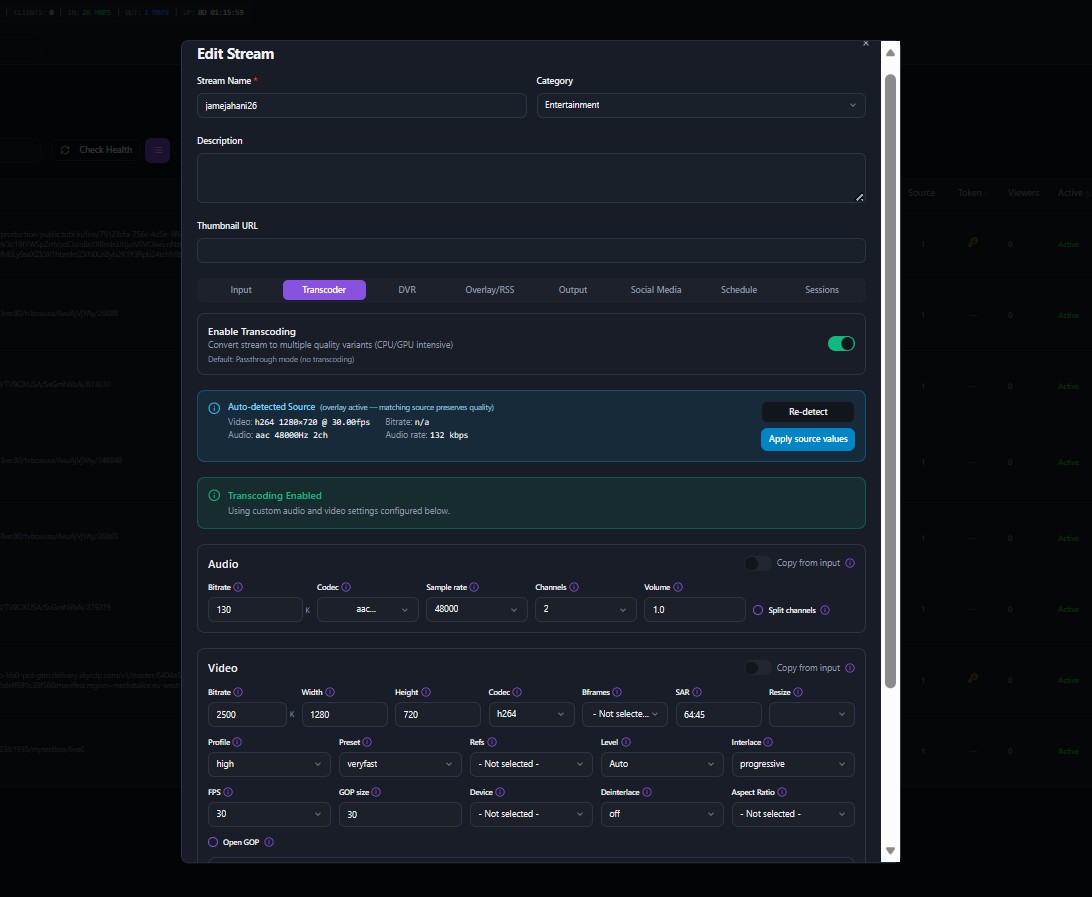 Advanced Transcoder in KLIPKAST Broadcaster MAX — Configure professional audio and video transcoding with bitrate, resolution, codec, frame rate, profile, deinterlacing, aspect-ratio, and source-detection controls.