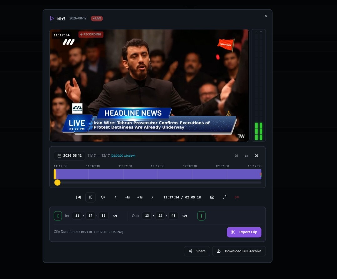 DVR Player in KLIPKAST Broadcaster MAX — Review live archives, scrub the timeline, define precise in and out points, export clips, share recordings, and download full archives.
