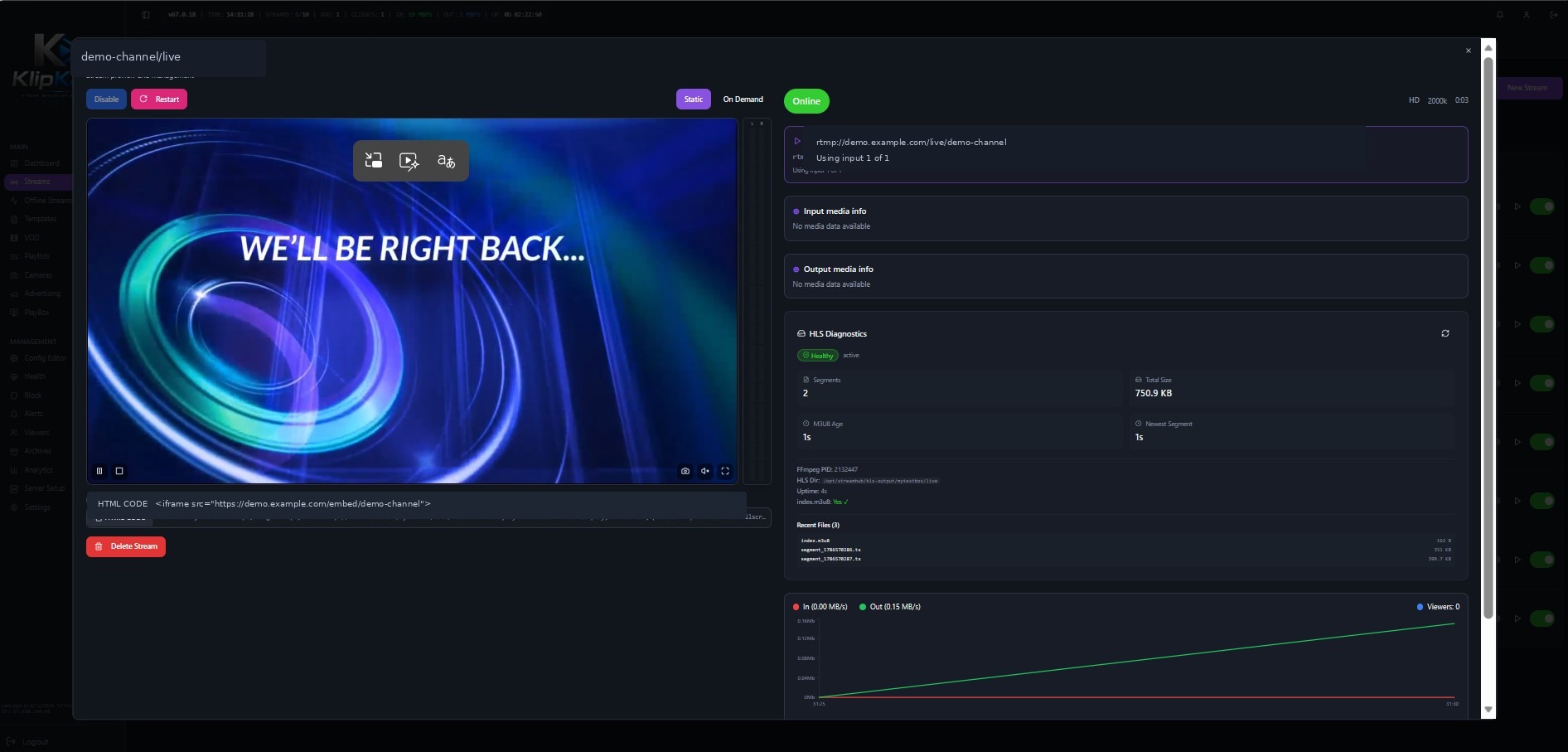 Preview Player in KLIPKAST Broadcaster MAX — Preview active streams, inspect input and output media information, review HLS diagnostics, and monitor live bandwidth from one panel.