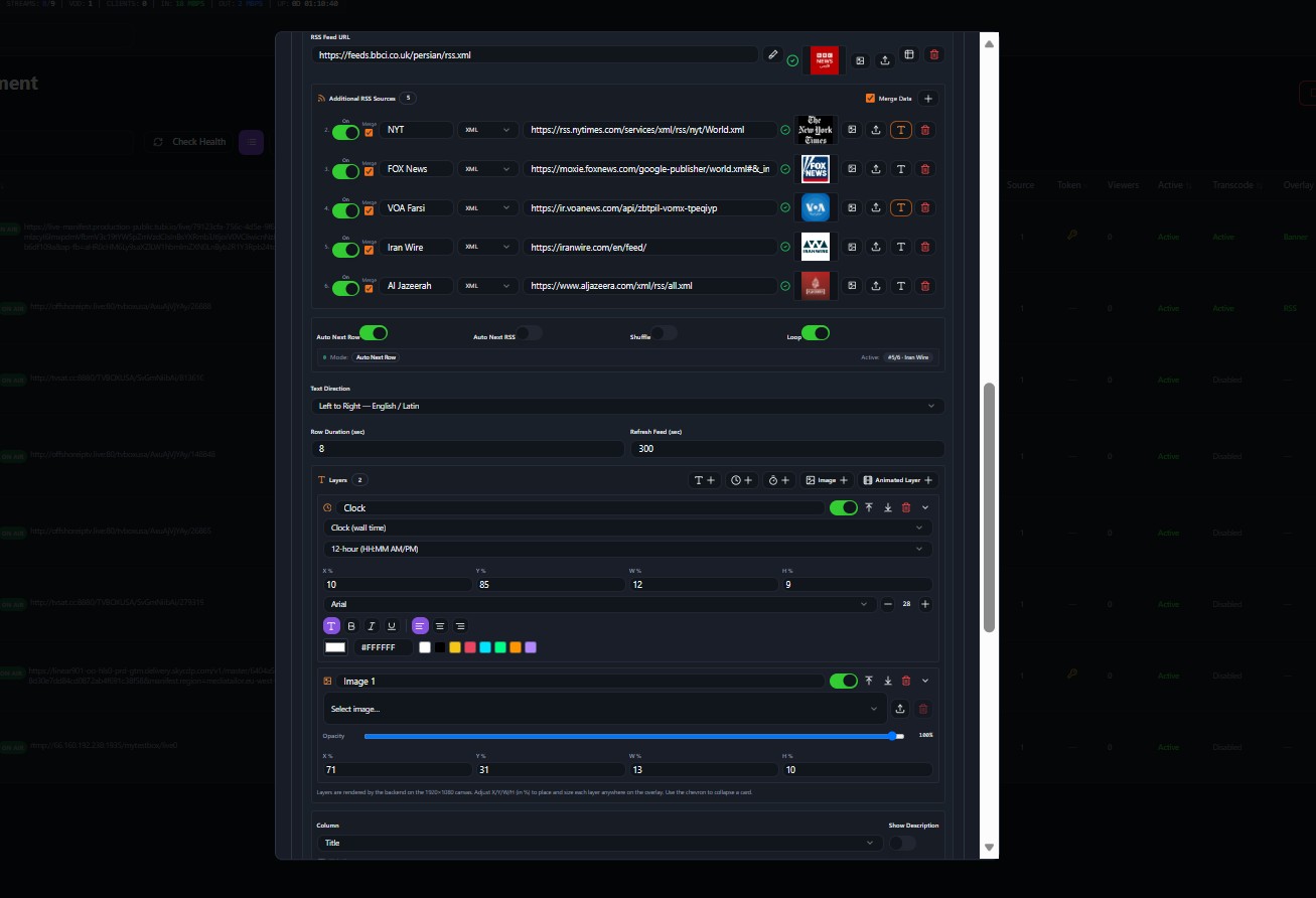 Multiple RSS Feed in KLIPKAST Broadcaster MAX — Combine and manage multiple RSS news sources, control source rotation, arrange ticker layers, and build automated broadcast graphics from one workspace.