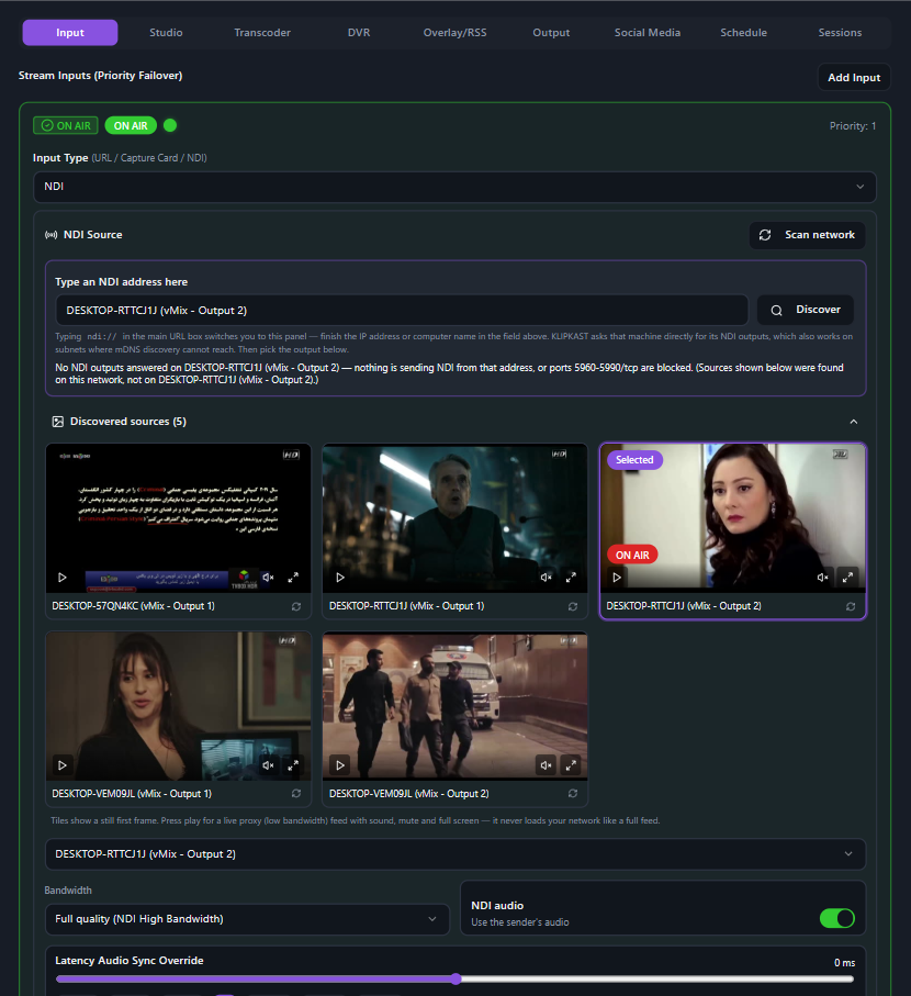 NDI Input Support in KLIPKAST Broadcaster MAX — Bring network video directly into KLIPKAST Broadcaster MAX with professional NDI discovery and ingest. Receive NDI input from compatible vMix systems, NDI-enabled network cameras,