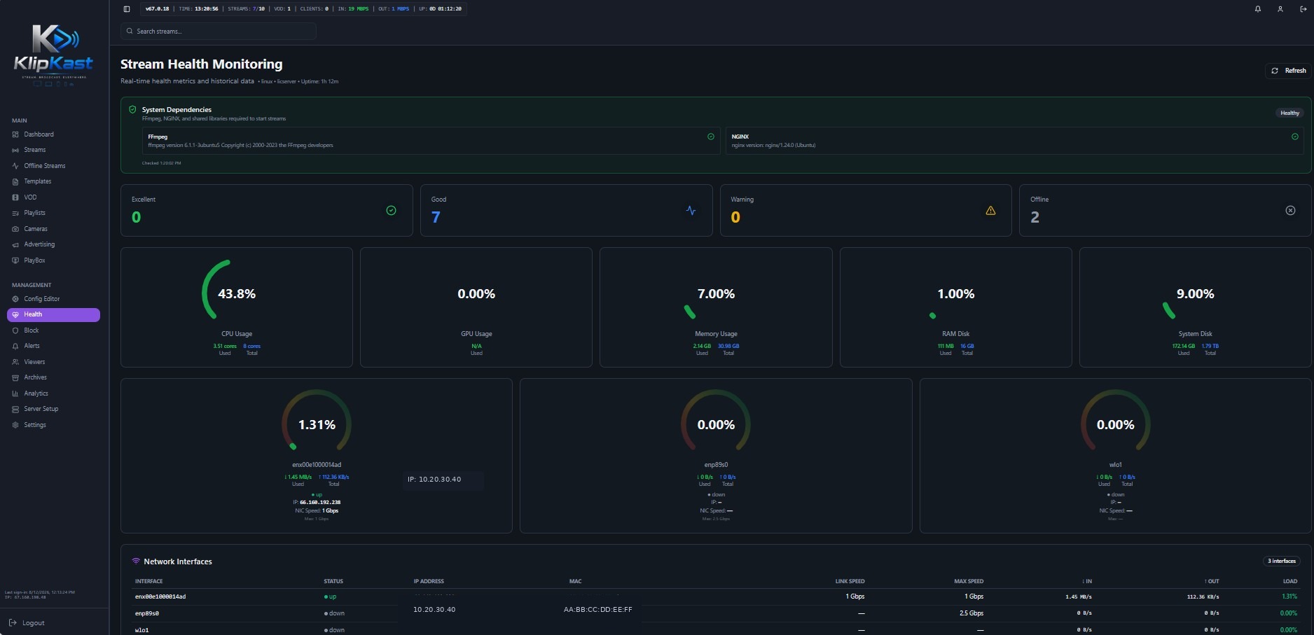 Stream Health Monitoring in KLIPKAST Broadcaster MAX — Monitor system dependencies, CPU, memory, storage, network interfaces, and stream health from one real-time operations view.